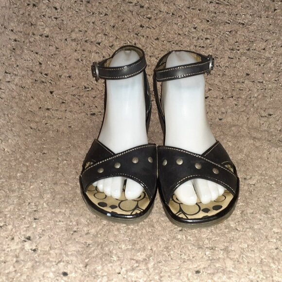 FLY LONDON-Black Studded Leather-Ankle Wrap Strap-Wedge-Sz 37-Excellent - Picture 3 of 7